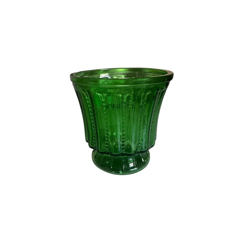 Vintage MCM Emerald Green 4.5” Beaded Pressed Glass Vase Jar Vessel